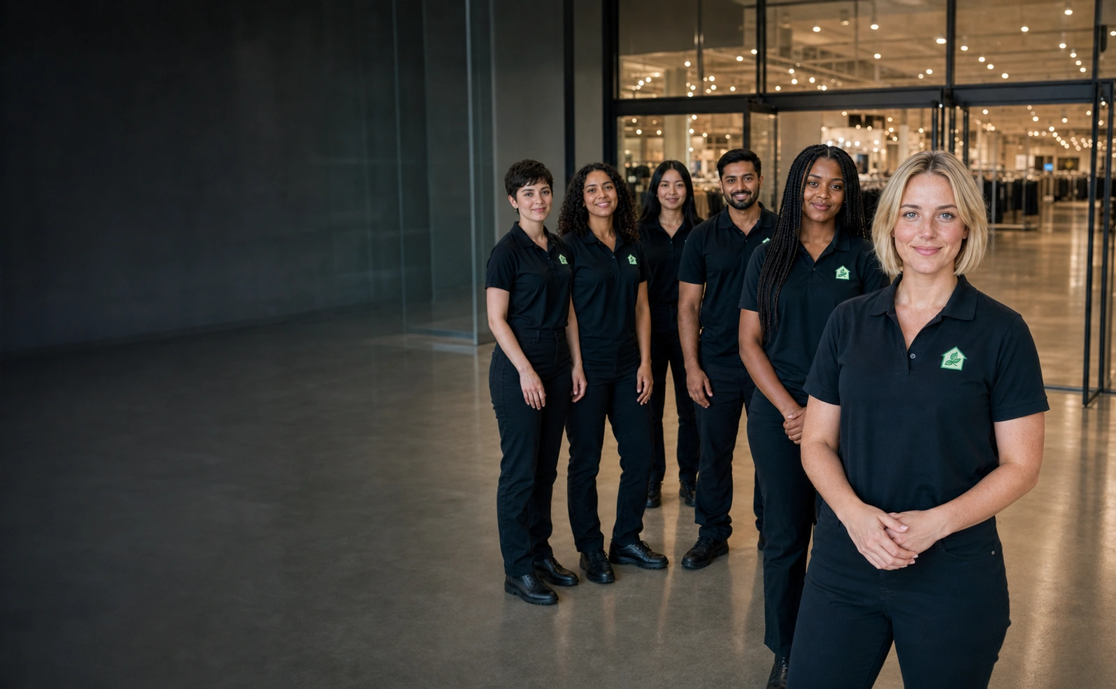 The Cleaning Company crew standing together inside a modern department store