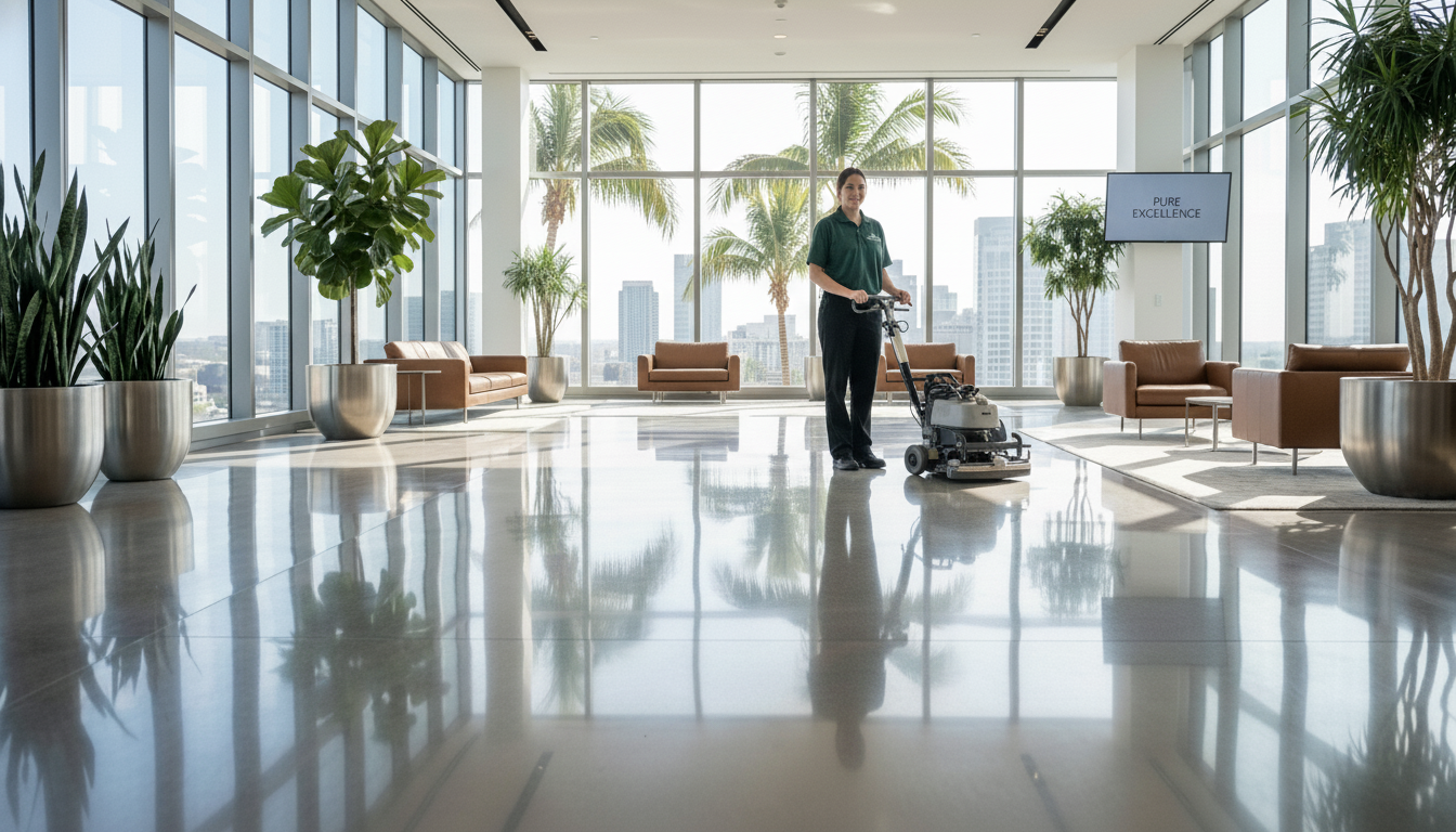 Commercial floor-care technician cleaning a modern building lobby