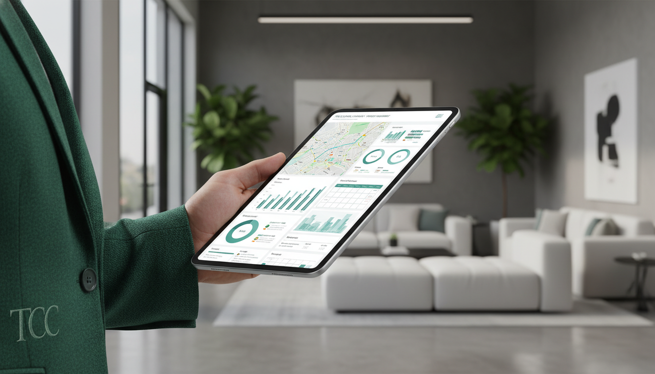 Property manager reviewing building operations on a tablet